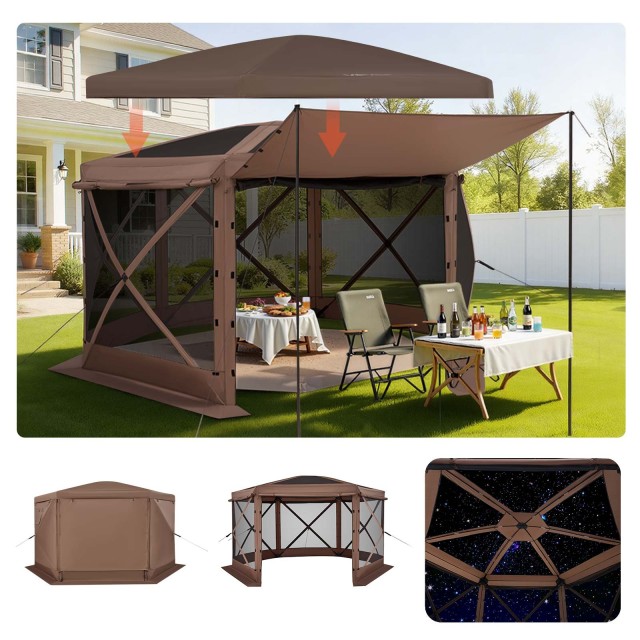 VEVOR Μεγάλη Εξάπλευρη Σκηνή Gazebo 3.6 x 3.6 m με Αφαιρούμενη Οροφή, Φορητό Καταφύγιο για 8-10 Άτομα, Καφέ TMZPXKTMK6M1HBNAQ001V0