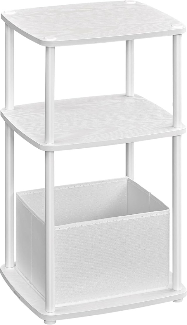 SONGMICS Λευκό Μοντέρνο Κομοδίνο 34x30x58cm με 3 Ράφια και Υφασμάτινο Καλάθι LET286W01
