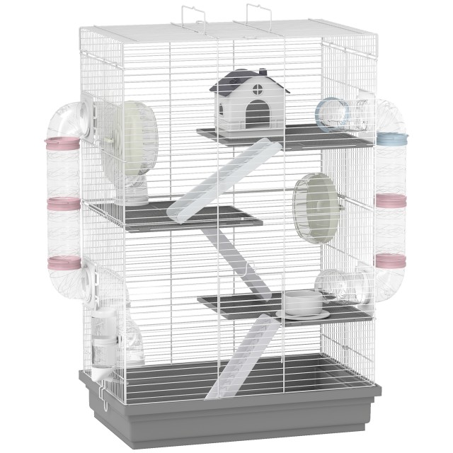 PawHut Κλουβί Χάμστερ με 4 Επίπεδα και 16 Σωλήνες με Σπιτάκι, Ράμπα και Αξεσουάρ, από Μέταλλο και Πλαστικό, 47x30x70 εκ., Γκρι D51-526V00GY