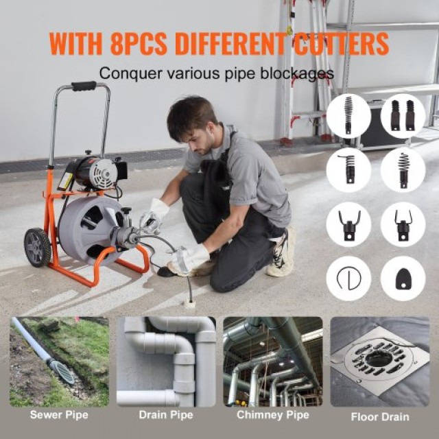 VEVOR Μηχανή Καθαρισμού Αποχέτευσης 75FT x 3/8 με Αυτόματη Τροφοδοσία & 8 Κοπτήρες  ZDJJKLSGDSTJ33BNJV2