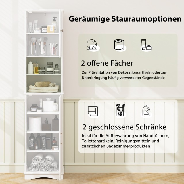 Costway  Λεπτή ντουλάπα μπάνιου με 5 ρυθμιζόμενα ράφια & 2 πόρτες, λευκή, 40 x 30 x 170,5 εκ. BA8176WH