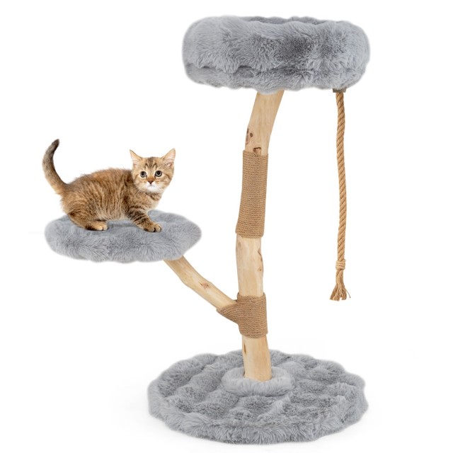 Costway Γκρι ονυχοδρόμιο γάτας 90 εκ. από μασίφ ξύλο με 3 λούτρινες πλατφόρμες, σχοινί και στύλους ξυσίματος, 90 x 50 x 50 cm PV10274GR
