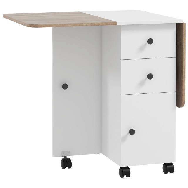 HOMCOM Πτυσσόμενο Τραπέζι με 2 Συρτάρια και Ντουλάπι, 6 Ροδάκια και Φρένα, 120x60x76.5 εκ., Λευκό και Δρυς 835-679V80MX