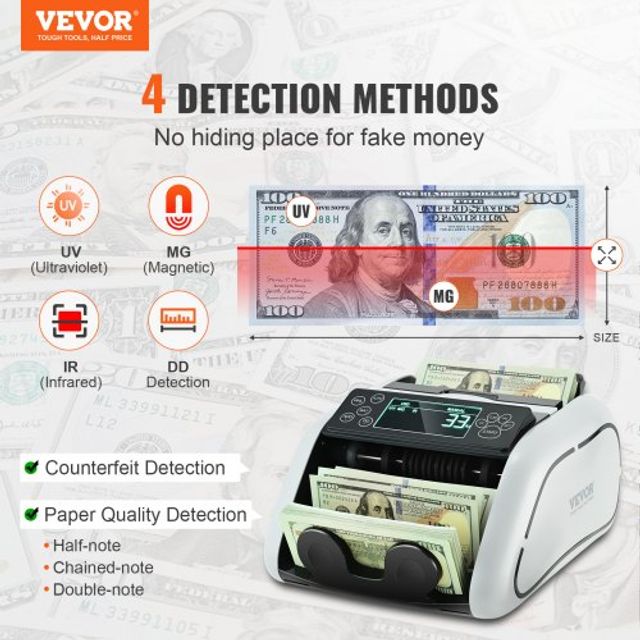 VEVOR Μηχανή Καταμέτρησης Χρημάτων με Ανίχνευση Πλαστών UV MG IR DD DCJH1UVMGIRDDFUJ5V2