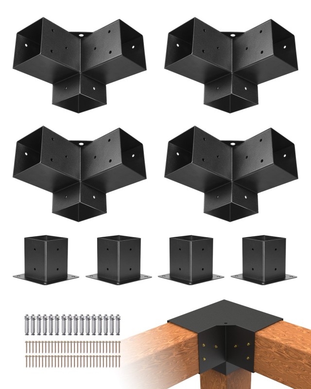 VEVOR Σετ Γωνιακών Βραχιόνων Πέργκολας 4x4, 4 Τεμάχια 3-Κατευθύνσεων Βάσης Κολώνας DIY για Ξύλο LPJJTZST8PCSB815I002V0