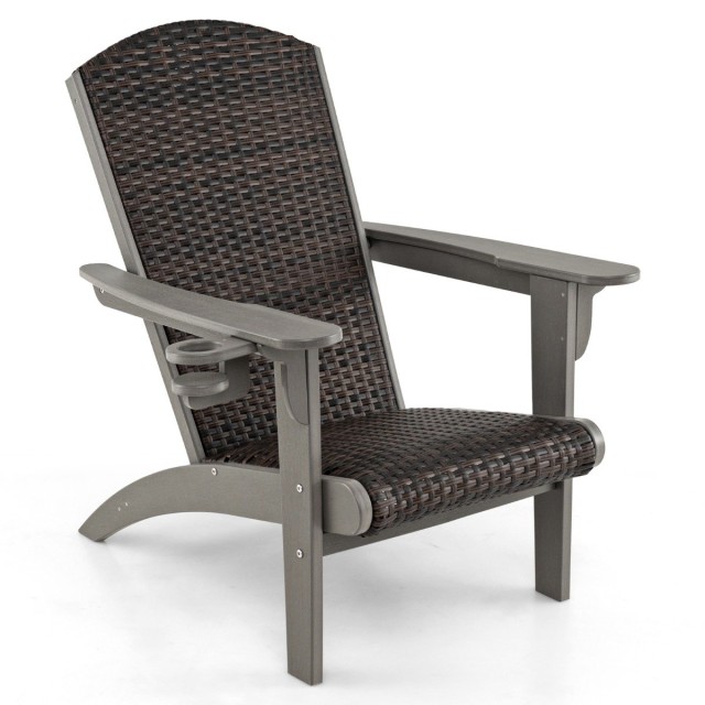 Costway Καρέκλα Adirondack με Θήκη Ποτηριού 92 x 76 x 100 εκ. από HDPE & Ρατάν Γκρι NP11918GR