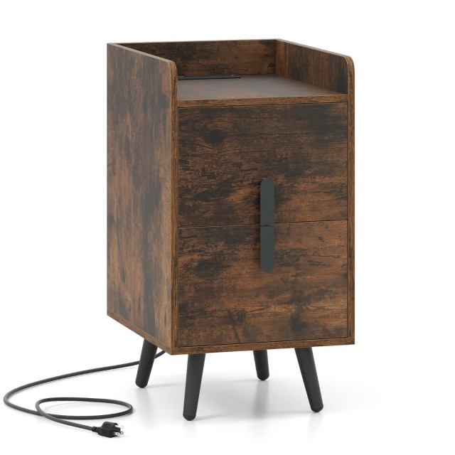 Costway Στενό Κομοδίνο με Σταθμό Φόρτισης, Δύο Συρτάρια και Μεταλλικά Πόδια σε Ρουστίκ Καφέ Χρώμα 60 x 40 x 32 εκ. HU11181DE-CF