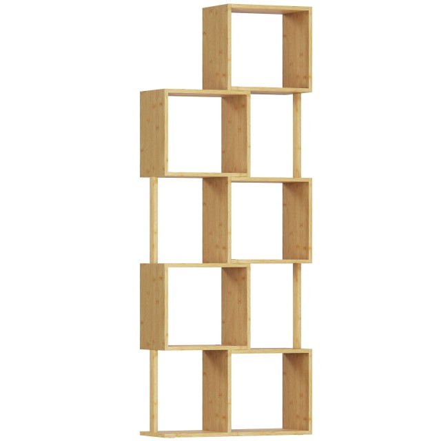 HOMCOM Μοντέρνα Ασύμμετρη Βιβλιοθήκη 5 Επιπέδων από Μπαμπού, 62.5 x 23 x 165 εκ., Φυσικό Ξύλο Χρώμα 836-655V00ND