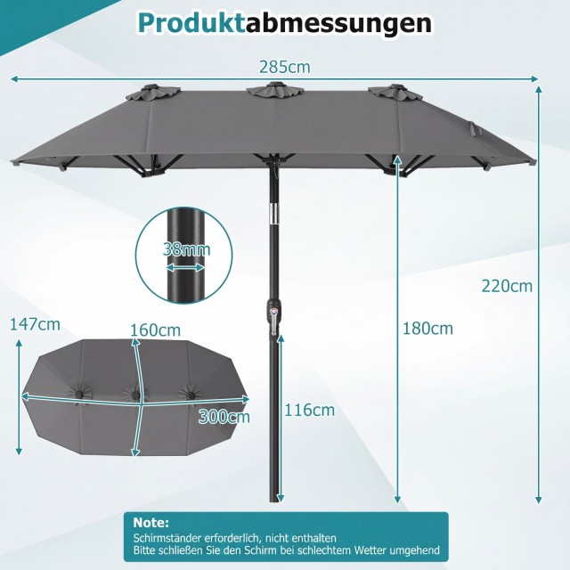 Costway Διπλή Ομπρέλα Ηλίου 300 x 160 cm, Ορθογώνια, με Μανιβέλα, 12 Ακτίνες, Γκρι NP13306GR