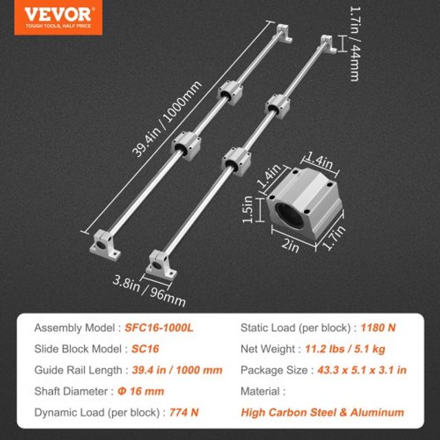 VEVOR  Σετ Οδηγών Γραμμής SFC16 1000mm, 2 Οδηγοί 1000mm, 4 Μπλοκ SC16, 4 Υποστηρίγματα, Κιτ για CNC Έργα DIY ZXH16MM1000MMWXUNV0