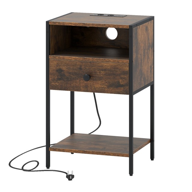 Costway Βιομηχανικό Κομοδίνο με Σταθμό Φόρτισης, Ανοιχτό Ράφι, Συρτάρι & Αποθηκευτικό Χώρο, Σε Ρουστίκ Καφέ, Διαστάσεις 64,8 x 39,4 x 31,8 εκ. HU11144DE-CF