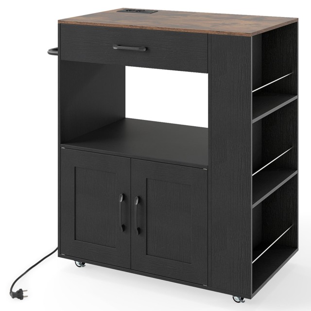 Costway Κινητό Ντουλάπι με Εργασιακή Επιφάνεια, Φορτιστή, Συρτάρι & 3 Ράφια για Μπαχαρικά, Μαύρο & Φυσικό Χρώμα 90,5 x 46 x 75 cm KC59198DE-DK