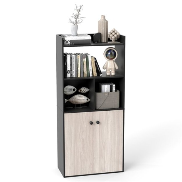 Costway Βιβλιοθήκη με Διπλή Πόρτα και 3 Επίπεδα Ανοιχτών Ραφιών 140 x 30x 60 cm Μαύρη  JV12527DK