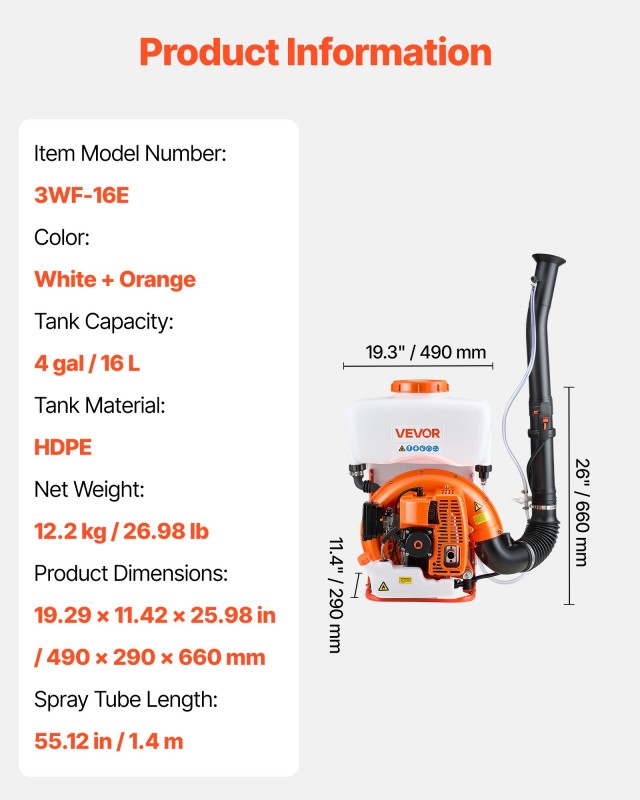 VEVOR Ψεκαστήρας Πλάτης 63CC 3HP, Χωρητικότητα 16L, Για Υγρά και Σκόνη, Διαστάσεις: 490 × 290 × 660 mm WHKWHK4GAL001VHWG001V0
