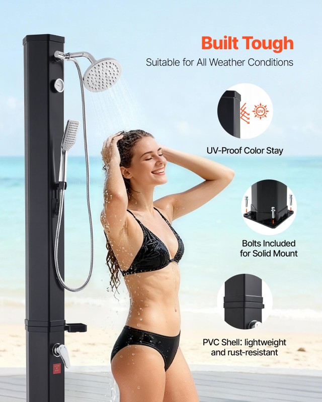 VEVOR Υπαίθριο Ηλιακό Ντους 40L, Ύψος Ντους 205cm, Με Χειροκίνητη Λαβή & Βρύση Ποδιών, Ρύθμιση Ζεστού & Κρύου Νερού, Μαύρο TYNLYQHSPVCL8QSDL001V0