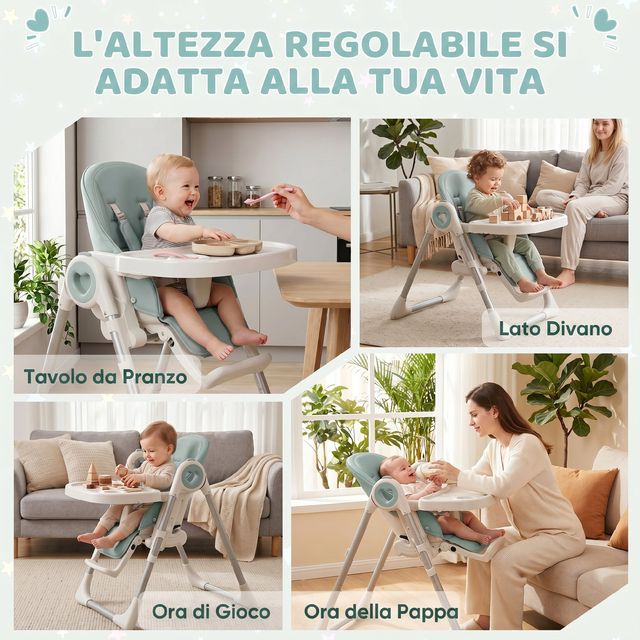 AIYAPLAY Πτυσσόμενο Καρεκλάκι Φαγητού για Παιδιά 6-36 Μηνών, Ρυθμιζόμενο Ύψος, Διπλός Πλενόμενος Δίσκος και Ρόδες, Πράσινο 420-015V00GN