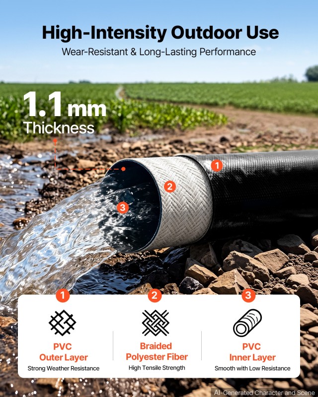 VEVOR Επίπεδο λάστιχο εκκένωσης PVC 1½ x 30,48 m, μαύρο, με σφιγκτήρες PSRG15INCH10J58YP001V0