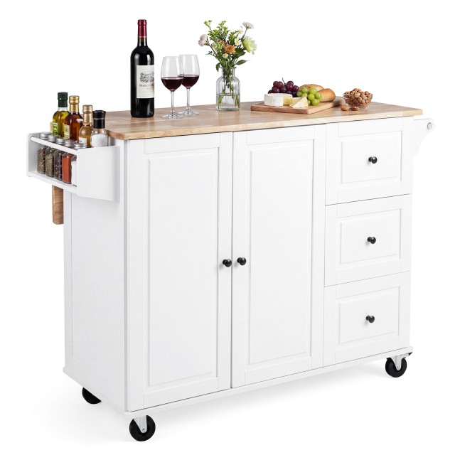 Costway Τροχήλατη νησίδα κουζίνας με 3 συρτάρια, ντουλάπι και ρυθμιζόμενα ράφια, λευκή, 93 x 43/76 x 129,5 cm JV13871WH+