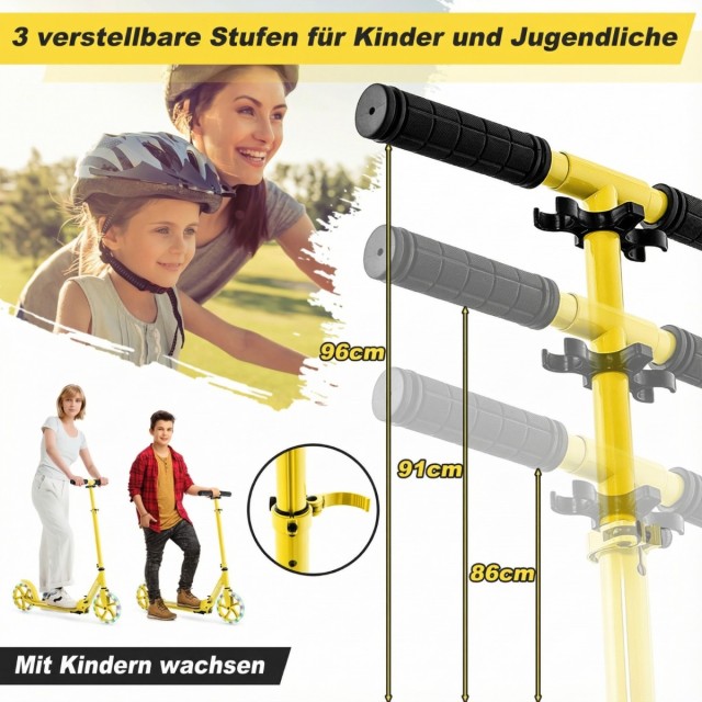 Costway Πτυσσόμενο πατίνι με 2 τροχούς LED, ρυθμιζόμενο ύψος, αντοχή έως 100 κιλά, κίτρινο, 96 x 35 x 88 cm SP38153YW