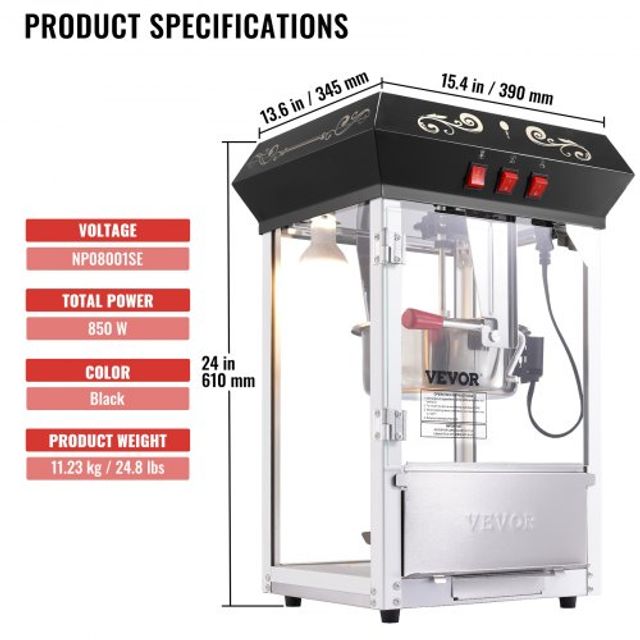 VEVOR Μηχανή Ποπκόρν Πάγκου 850W 8 Oz 48 Κούπες Μαύρη TSBMHJ8OZ850M1C6BV2