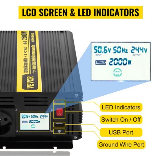 VEVOR Καθαρός Ημιτονοειδής Μετατροπέας 2500W 12V/230V με USB & LCD  CZXNBQ2.5KW12V2YJV9