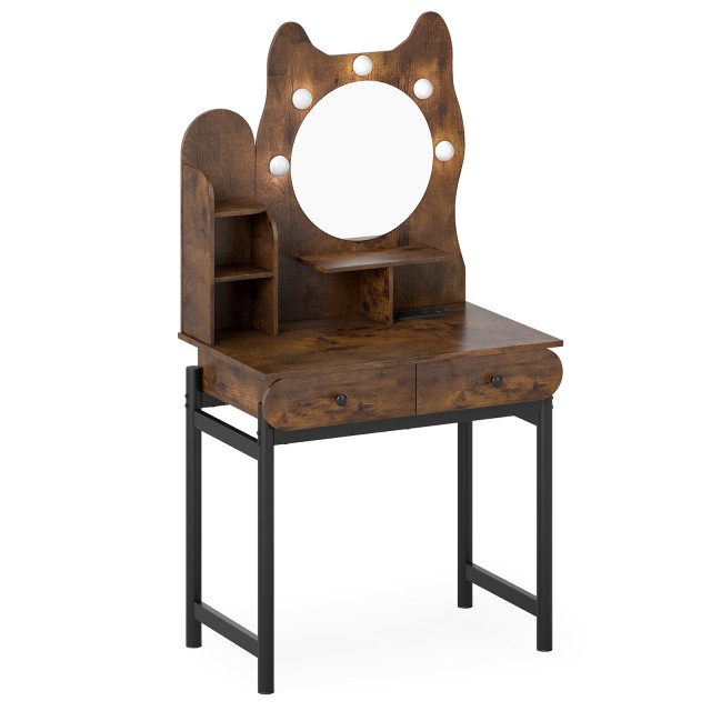 Costway Μπουντουάρ σε Σχήμα Γάτας με Καθρέφτη, Φωτισμό και Συρτάρια, Καφέ 150 x 80 x 50 εκ. HU11190DE-CF