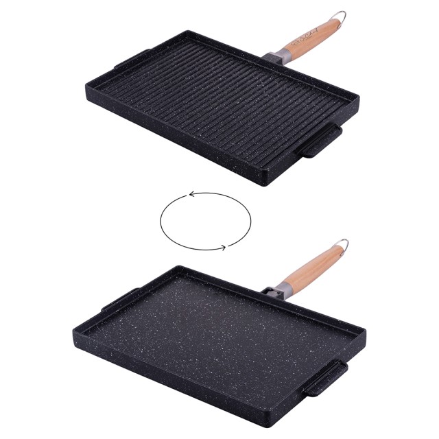 Galileo Μη κολλητική Μπριζολιέρα 36x26 cm 2 σε 1 με διπλή επιφάνεια γκριλ και λεία, με αφαιρούμενη ξύλινη λαβή - SChef 2188869