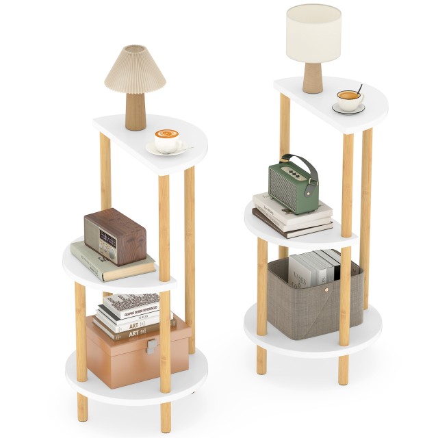 Costway Σετ 2 Στρογγυλά Βοηθητικά Τραπεζάκια 3 Επιπέδων από Μπαμπού, Λευκό/Φυσικό, 60,5 x 30 x 30 cm JV13706WH-2