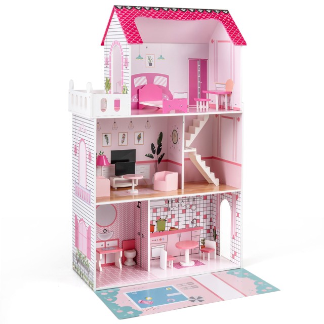 Costway Ξύλινο Κουκλόσπιτο με 17 Κομμάτια Επίπλωσης & Σκάλες Αξεσουάρ, Ροζ 120,5 x 74,5 x 34 εκ. TM10200PI