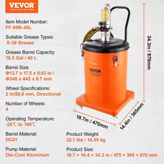 VEVOR Αντλία Γράσου 40L με Πνευματική Λειτουργία και Πιστόλι, Φορητή με Ρόδες HYJ10JLDT000J2IBRV0
