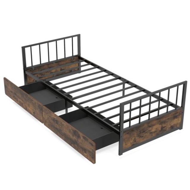 Costway Μεταλλικό μονό κρεβάτι 90 x 200 εκ. με 2 συρτάρια, κεφαλάρι, ποδαρικό και τάβλες, 60 x 92 x 204 cm HU11135DE-T