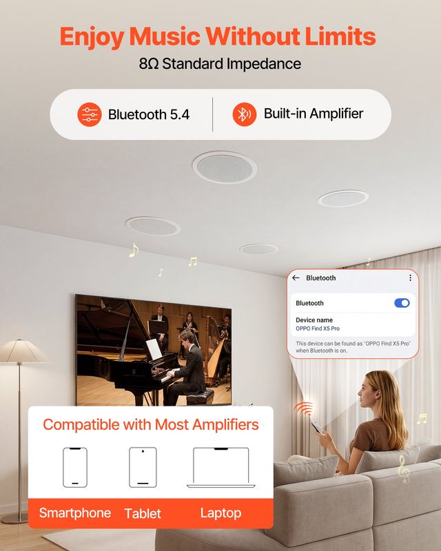 VEVOR Bluetooth Ηχεία Οροφής 165,1 mm με Ενισχυτή, 2 Δρόμων, 4 Τεμάχια TZXDSYSQ65YCTXTEV001V2