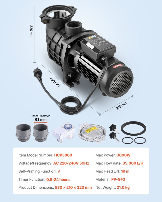 VEVOR Αντλία Πισίνας 3000W, Μέγ. Ροή 35,000 L/H, Μονοτάχυτη, AC 220-240V, 2860 RPM, Μέγ. Ύψος 19μ, με Χρονοδιακόπτη 24 Ωρών & Καλάθι Φίλτρου DSYCGLBOZDS3ITJKP001V2