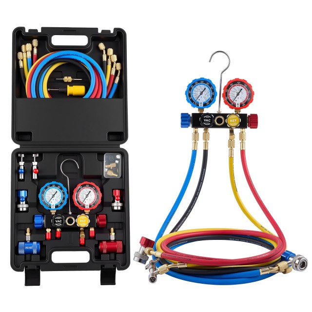 VEVOR Σετ Πολλαπλών Μετρητών Κλιματισμού για Ψυκτικά R134a R404A R1234yf R22, 4 Δρόμων με Σωλήνες 1.5μ, Προσαρμογείς, Ταχυσύνδεσμους, Βαλβίδες για Συντήρηση & Φόρτιση Αυτοκινήτων JXLMB4TLDSTXOAEMC001V0