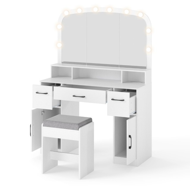 Costway Σετ Καλλωπισμού με Καθρέφτη LED 3 Χρωμάτων & Σκαμπό - Λευκός Καλωπιστικός Τραπέζι με Φόρτισης Σταθμό HU11107DE-WH+