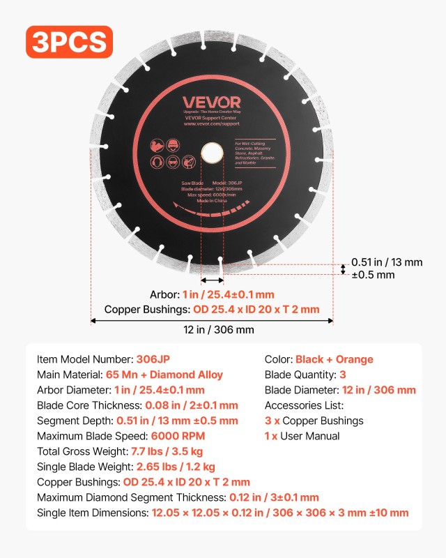 VEVOR Δίσκοι Κοπής Διαμαντιού 306 mm, Σετ 3 Τεμαχίων, Φ25,4 mm για Μπετόν και Τοιχοποιία HNTJDP12INCHAVLQ7001V0