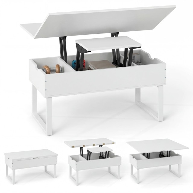 Costway Πολυλειτουργικό Τραπεζάκι Σαλονιού 3 σε 1 με Ρυθμιζόμενο Ύψος και 3 Κρυφά Αποθηκευτικά Διαμερίσματα - Λευκό HV10803WH