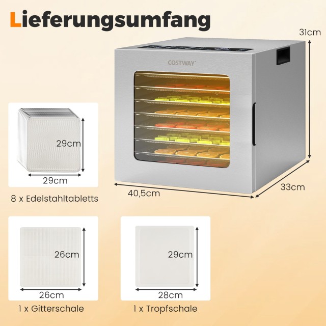 Costway Αποξηραντήρας 850W με 8 Θέσεις και Ρυθμιζόμενη Θερμοκρασία 35℃-75℃, Ασημί ES10551DE-SL