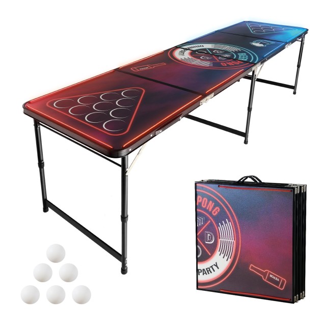 VEVOR Φορητό Τραπέζι Beer Pong 2,4 μ. με LED Φώτα, Αναδιπλούμενο, Ρυθμιζόμενο Ύψος, με Λαβές Μεταφοράς και 6 Μπάλες ZDPJYXZDDX00A75DC001V9
