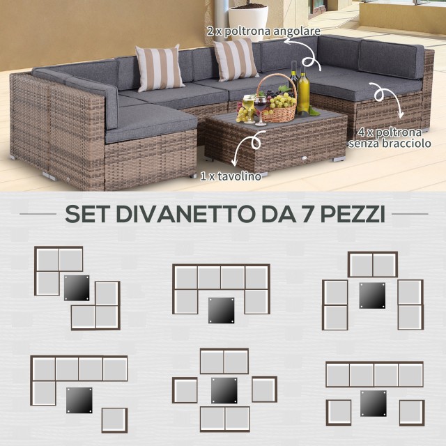 Outsunny 7 τεμαχίων Rattan Garden Lounge με τραπεζάκι σαλονιού και αρθρωτό καναπέ με μαξιλάρια, γκρι 860-020V03