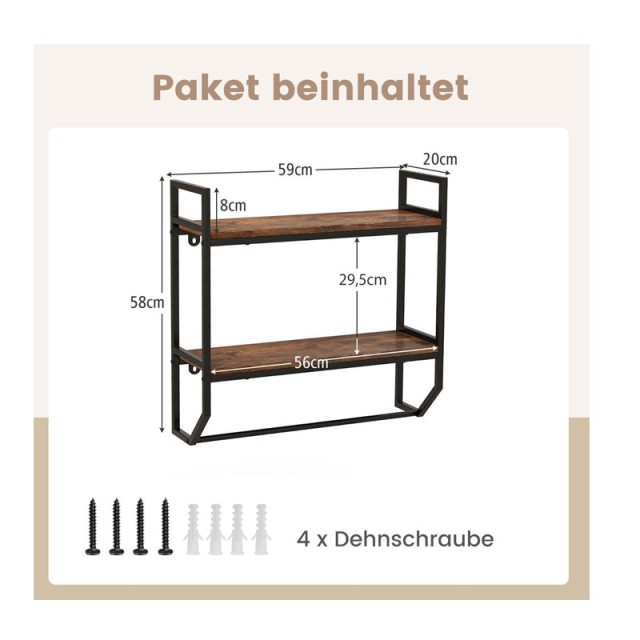 Επιτοίχια Μεταλλική Ραφιέρα με 2 Ξύλινα Ράφια 1 Ράγα 59 x 20 x 58 cm Costway JV10890