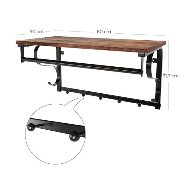 Επιτοίχιο Μεταλλικό Ράφι με 5 Άγκιστρα και 1 Ράγα Ρούχων 60 x 30 x 31.7 cm VASAGLE LCR11BX