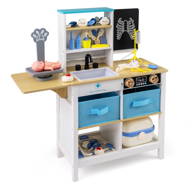 Costway Ξύλινο Σετ Παιχνιδιού Ιατρείου: Ιατρικό Κέντρο με Ζυγαριά Ζώων, Βρύση και Πτυσσόμενο Νιπτήρα TP10426WH