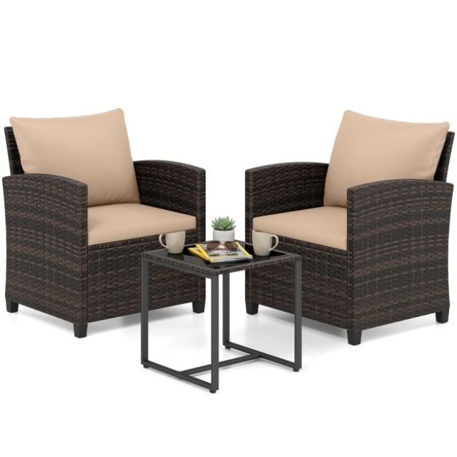 Costway Σετ Κήπου 3 Τεμαχίων με 2 Πολυθρόνες, Τραπέζι με Γυάλινη Επιφάνεια, Μεταλλικό Σκελετό και Μαξιλάρια, Χακί NP13119YW