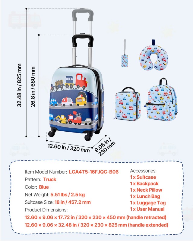 VEVOR Παιδικό Σετ Βαλίτσας 5 τεμαχίων με Ροδάκια, Σακίδιο & Μαξιλάρι, Εγκεκριμένο για Αεροπορική Χρήση 5JTETXLX5PCSL7TXG001V0