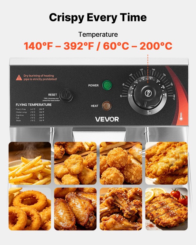 VEVOR Επαγγελματική Ηλεκτρική Φριτέζα 7,5 L 2500W Ανοξείδωτη Επιτραπέζια με Καλάθι και Καπάκι DGDZGJCKDRLKNFIA0001V2