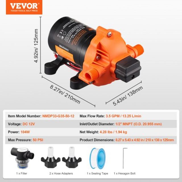 VEVOR Αντλία Διαφράγματος 12V 3.5GPM 13.25L/min με Διακόπτη Πίεσης 3-Θαλάμων 12VYYSB3Q35G3N0DNV9