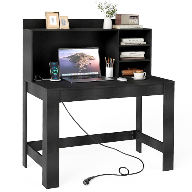 Costway Μαύρο Γραφείο με Άνω Ντουλάπι και Ενσωματωμένες Πρίζες & Οδηγό Καλωδίων - Μοντέρνος Σχέδιο Υπολογιστή/Καλλυντικά Τραπέζι CB10973DE-DK