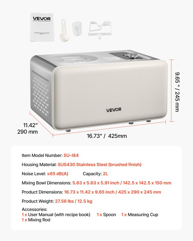 VEVOR Αυτόματος Κατασκευαστής Παγωτού 2 Λίτρων με Ενσωματωμένο Συμπιεστή Χωρίς Προκατάψυξη JYYSJSBQLJ2KPSVQV001V2