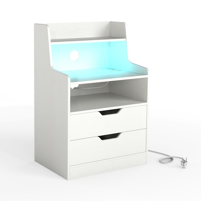Costway Λευκό Κομοδίνο με LED Φώτα & Σταθμό Φόρτισης, 2 Συρτάρια & Ανοιχτό Ράφι HU11102DE-WH